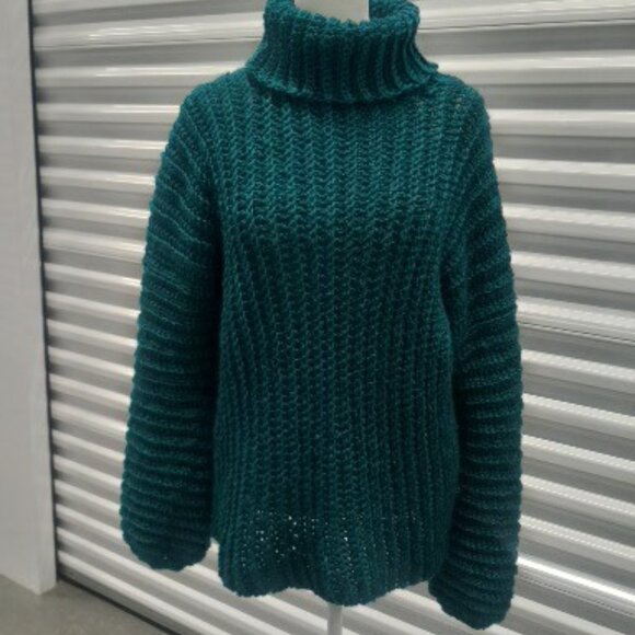 Handmade Chunky Sweater Womens Small Teal Crochet Cowlneck Oversized - Picture 3 of 4